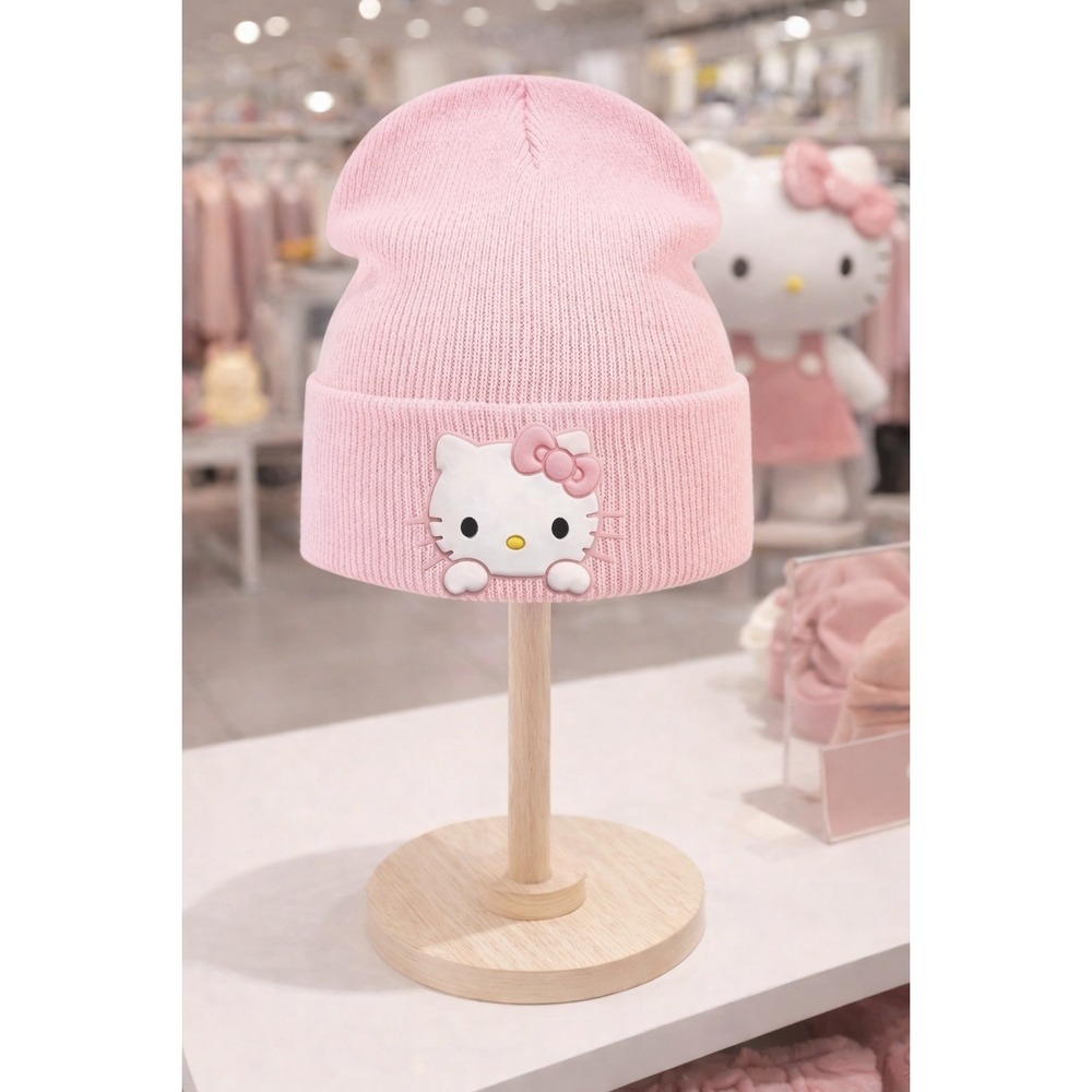 Cap Beanie Pink Lined with White Hello Kitty and‎ Pink Bow